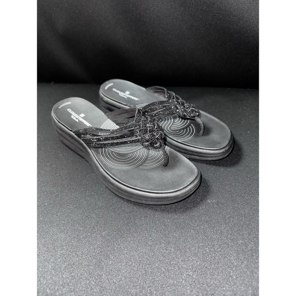 Clarks Shoes - Clarks Cloudsteppers Cushion Soft Black Rhinestone Wedge Sandals Women's 7M